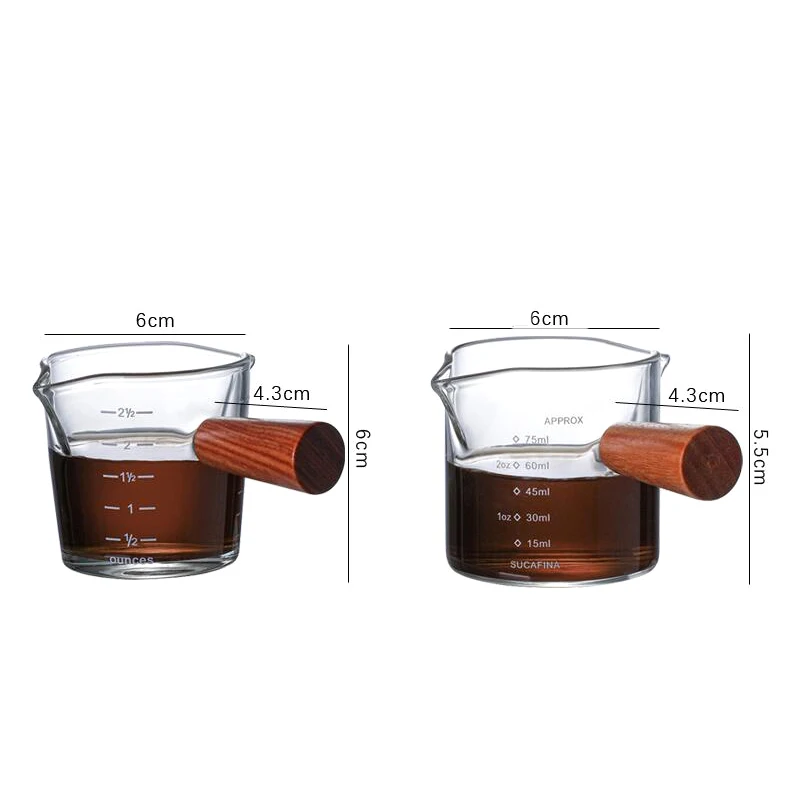 Description Picture 6 of itemMilk Cup Espresso Shot Glass With Scale Espresso Measuring Cups With Wooden Handle Double Spouts Measuring Triple Pitcher