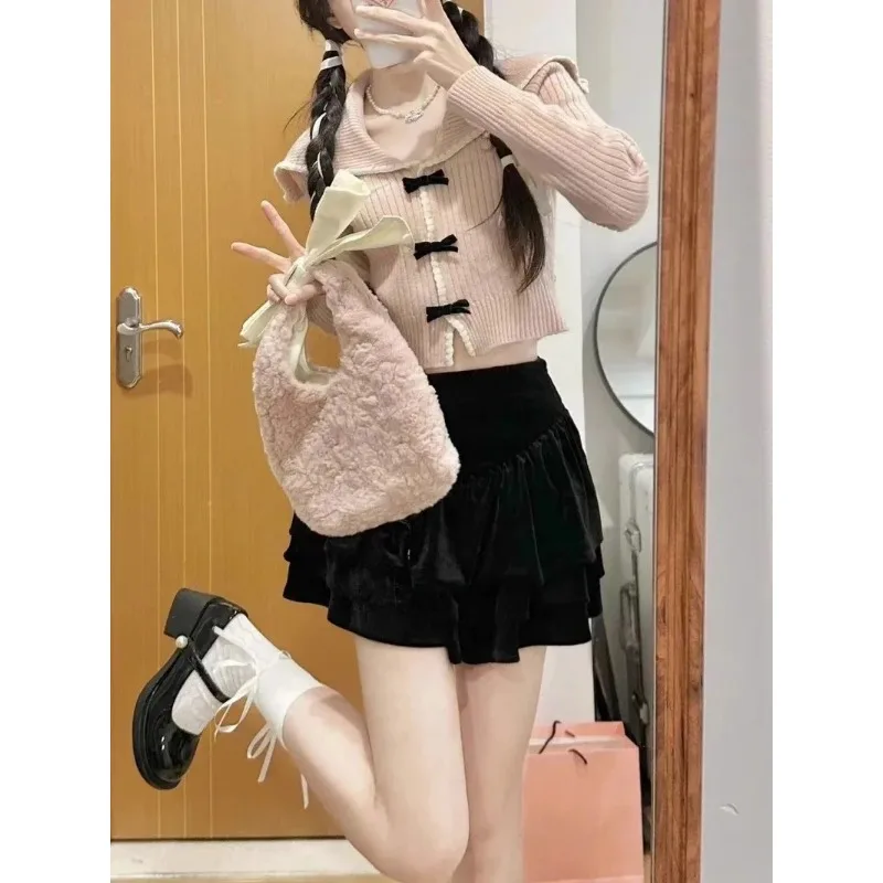 

Pink Sweet Cardigan Long Sleeve Y2k High Waist Knitted Coats Tops Japan Style Bow Sweaters Short Length Kawaii Slim Fit Women
