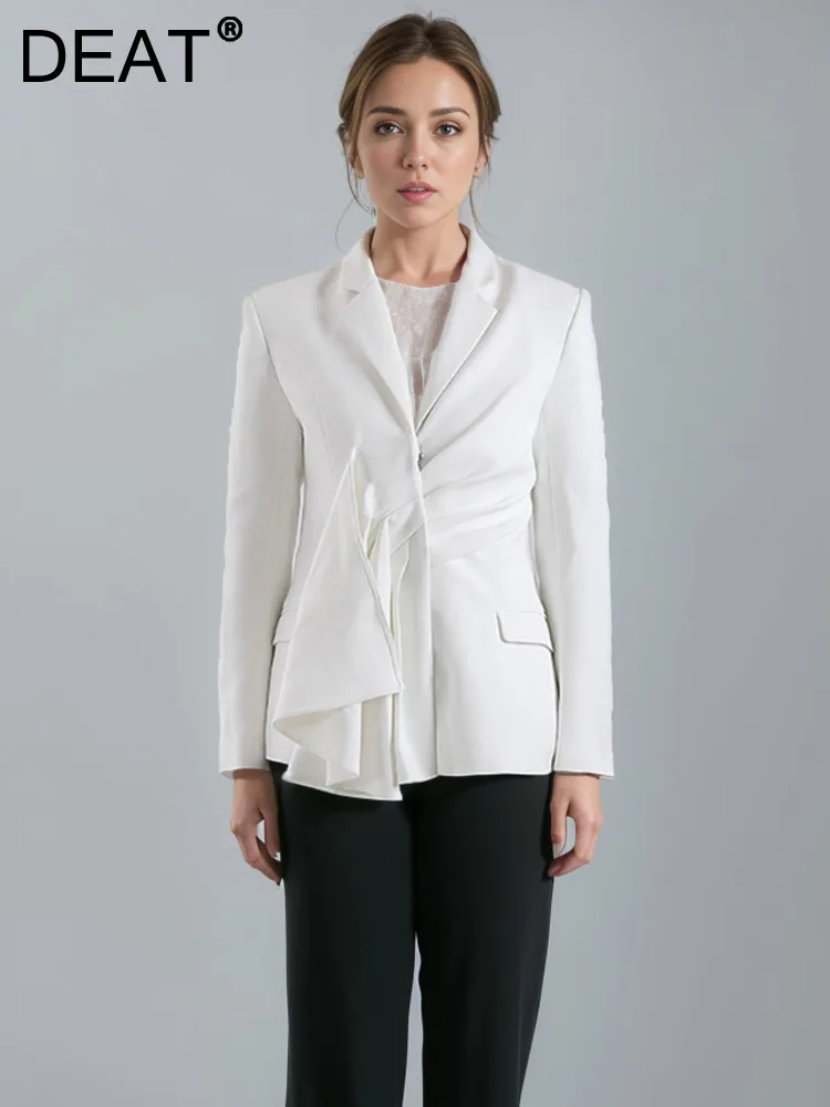 

DEAT Fashion Women's Waist Folids Ribbon Blazer Notched Collar Covered Button Long Sleeve White Suit Jackets Summer 2024 New