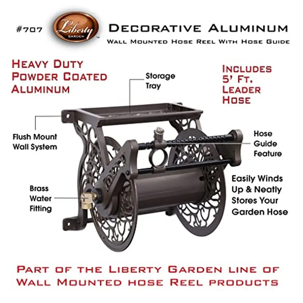 Decorative Aluminum Hose Reel Wall Mount 125ft Capacity Garden Tool Organizer Shelf Leader Hose