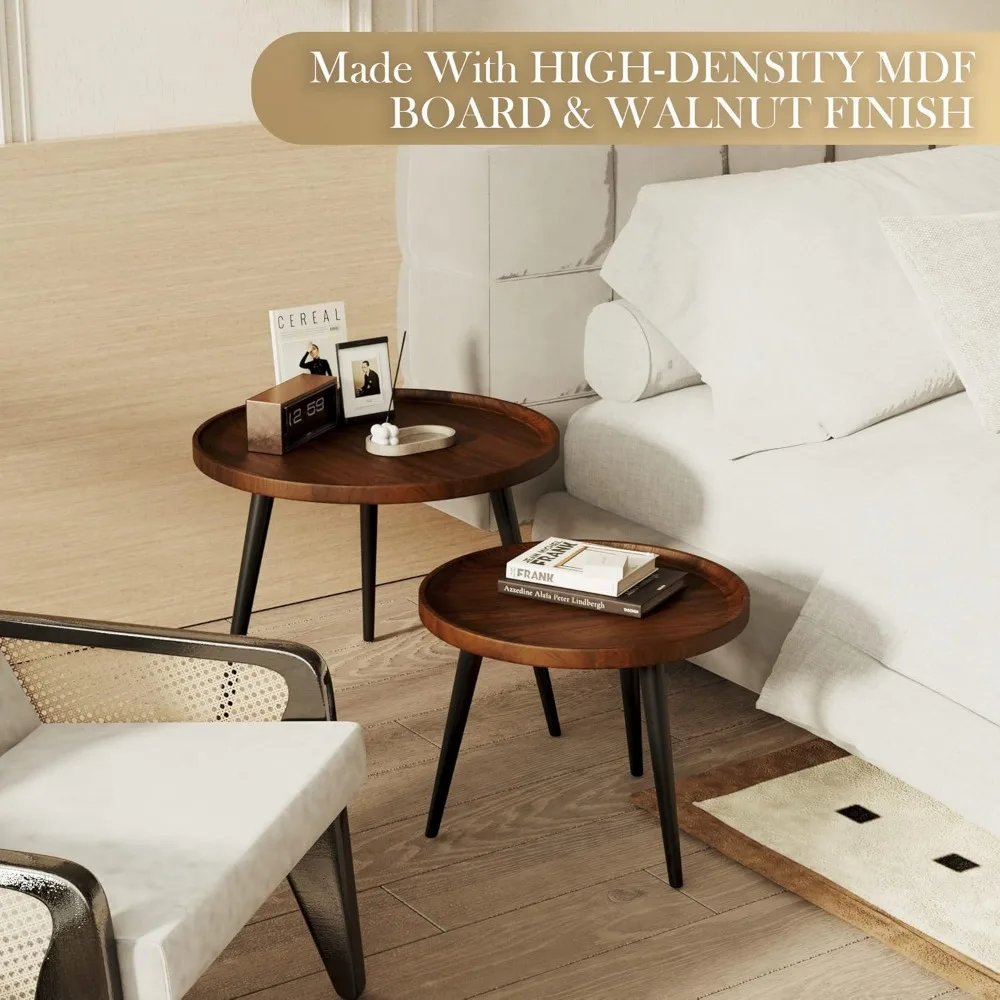 2-Piece Round Walnut Coffee Table Set, Mid-Century Modern Nesting Tables for Living Room, Sofa & Bedside 6