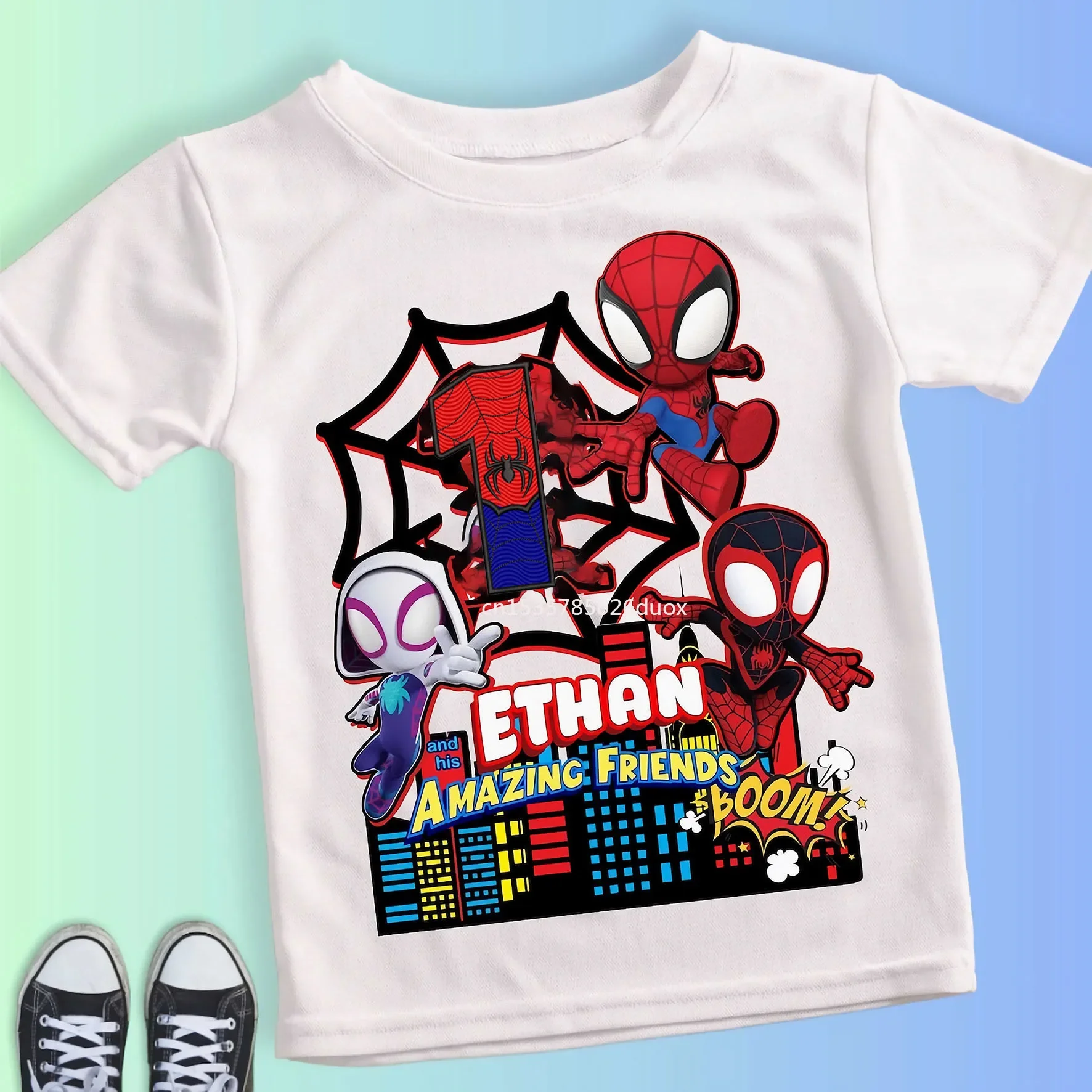 Camiseta de algodón blanca para niños de verano de 2, 3, 4, 5, 6, 7, 8 y 9 años con el Hombre Araña y sus amigos para cumpleaños, ropa para bebés y niños pequeños