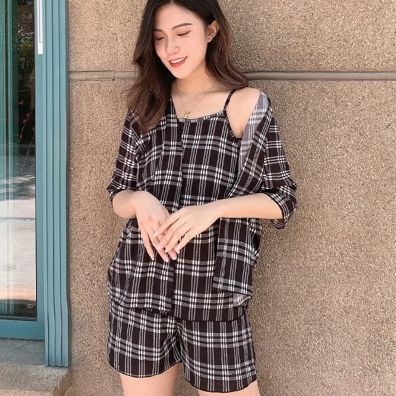 Summer women's pajamas chiffon new plaid print three-piece suspender shirt shorts outerwear pajamas women's suit home service