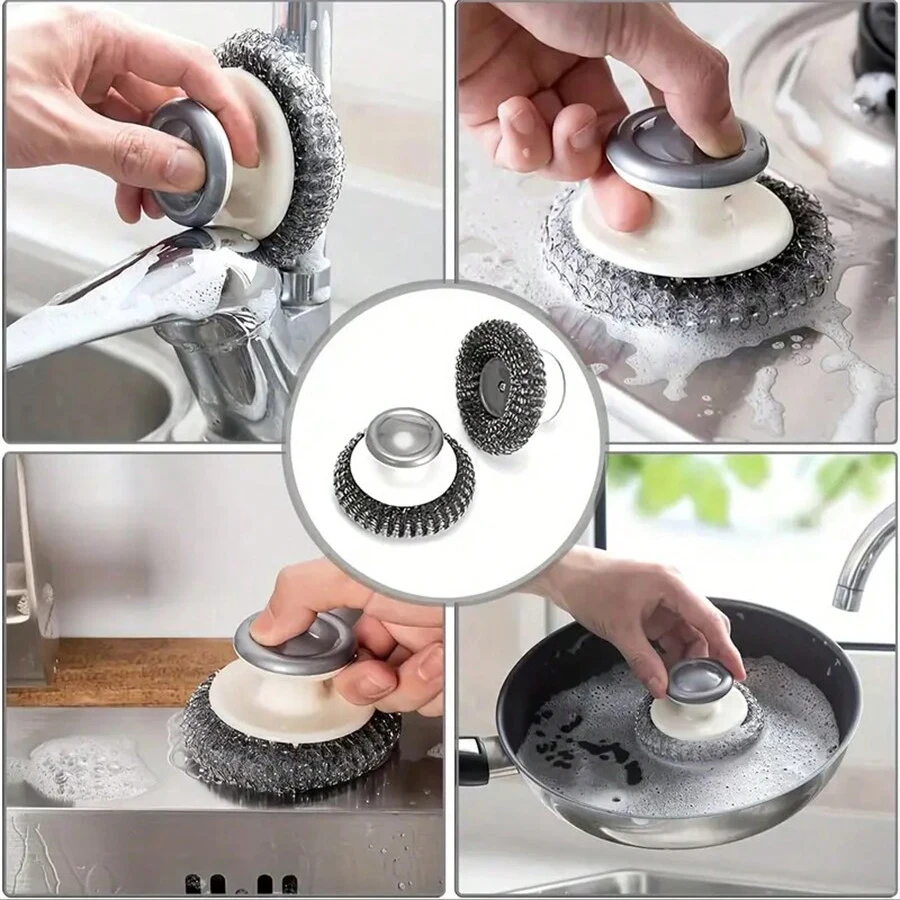 Stainless Steel Scourers Plastic Handle Steel Wool Scrubber Pad Kitchen Bathroom Cleaning Brush Dishes Pots Pans 1Pc