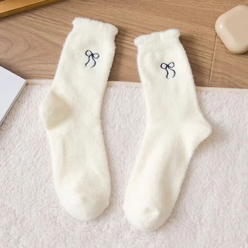 Cozy Mink Velvet Bow Plush Socks - Warm Fluffy Hosiery