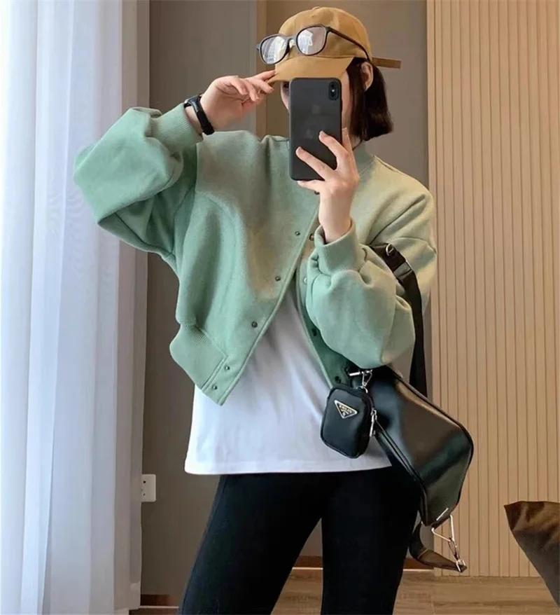 

TRAF Women Crop Bomber Jacket Round Neck Long Sleeves Jacket Coat Female Fashion Coat 2023 Autumn Winter Zipper Jacket Coat Top