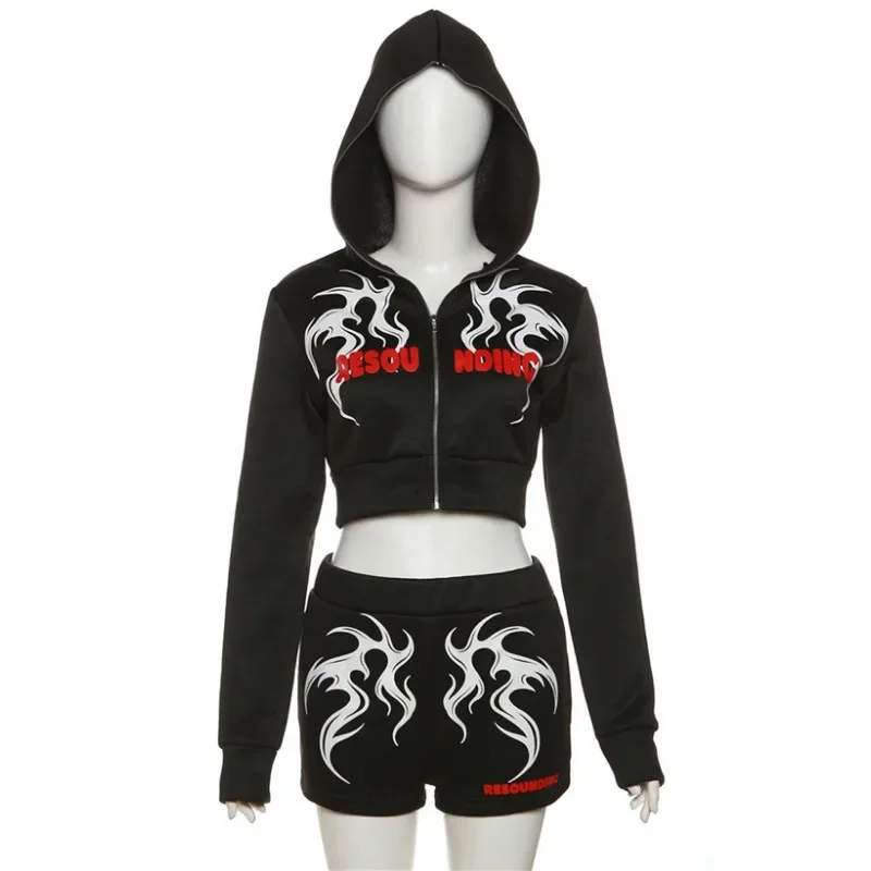 Women's Print Hipster Slim 2 Piece Set Autumn Hooded Long Sleeve Zipper Crop Top High Waist Pocket Shorts Casual Y2k Streetwear