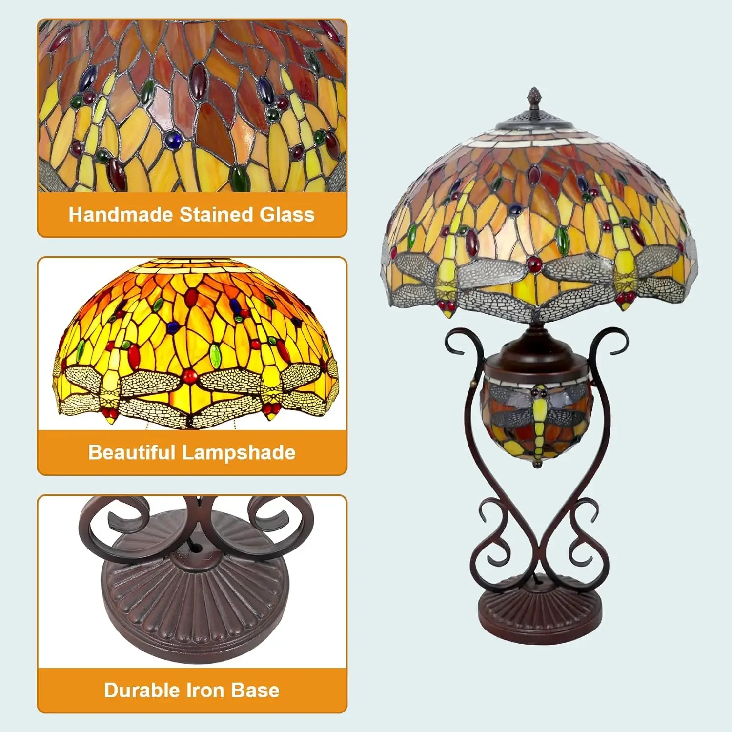 Tiffany Lamp Stained Glass Inches Beautiful Dragonfly Style Large Table Desk Light Bedroom Living Room Home Office