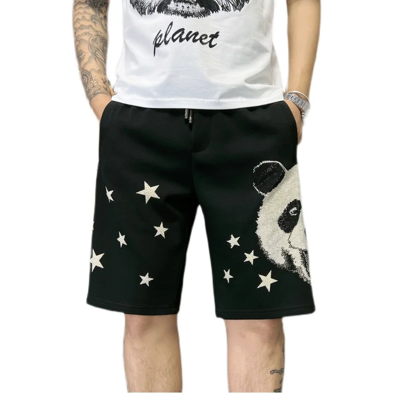 Trendy Panda Hot Drilling Knee-length Pants for Men Large Size Black Straight Pants 2023 New Summer Diamonds Printing Shorts