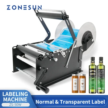 ZONESUN 수동 플라스틱 원형 병 라벨 애플리케이터, 큰 스티커, 주석 캔 튜브 라벨링 기계, 포장 기계 ZS-50W