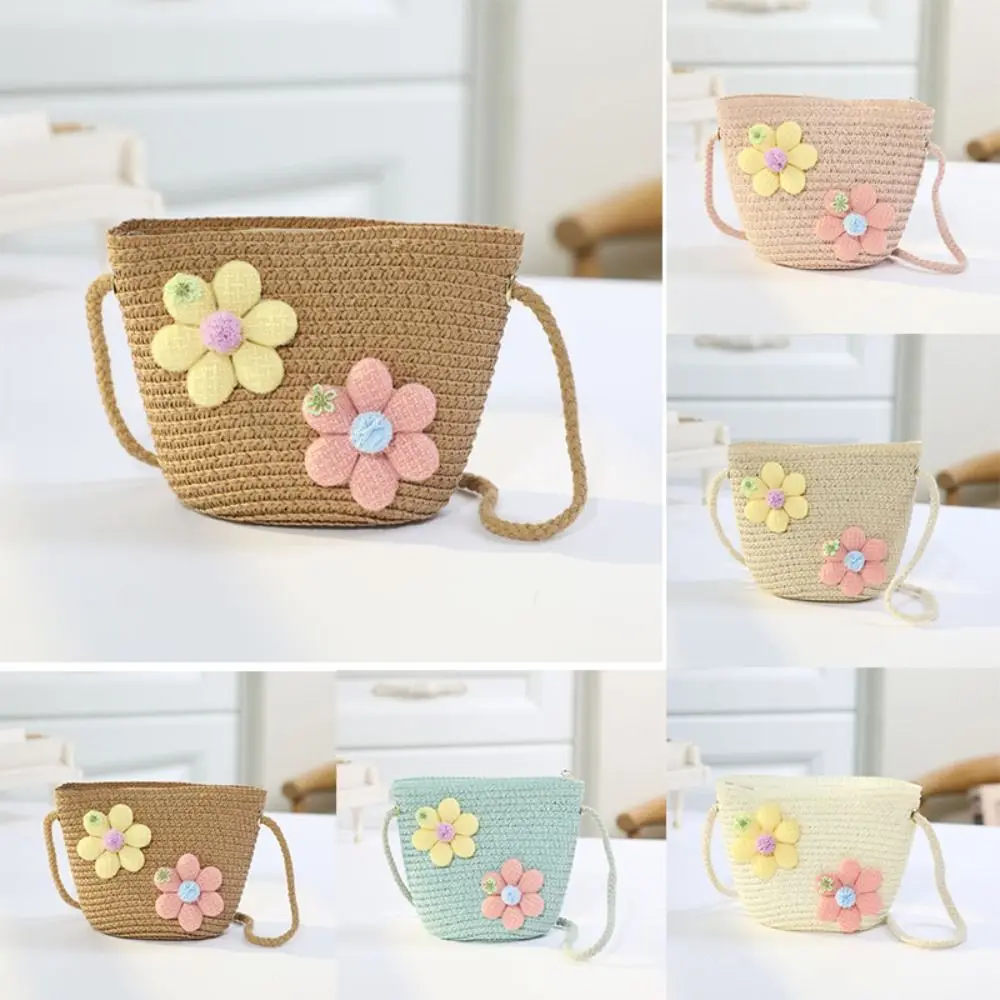 Zipper Girl Flower Straw Bag Coin Purse Cute Photo Props Kid Messenger Bags Storage Basket Handmade Woven Crossbody Handbag