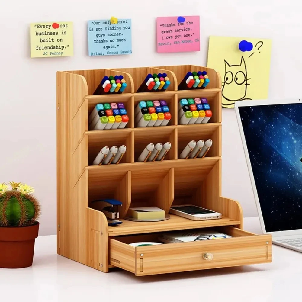 Pen Holder Slant Plug Simple Large Capacity Desk Stationery Organizer Office File Storage Organizer Wooden Pencil Organizer