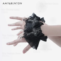 Gothic Culture Double-Layer Mesh Japanese Soft Girl Metal Cross Wrist Suit Women Harajuku Black Cosplay Halloween Oversleeves