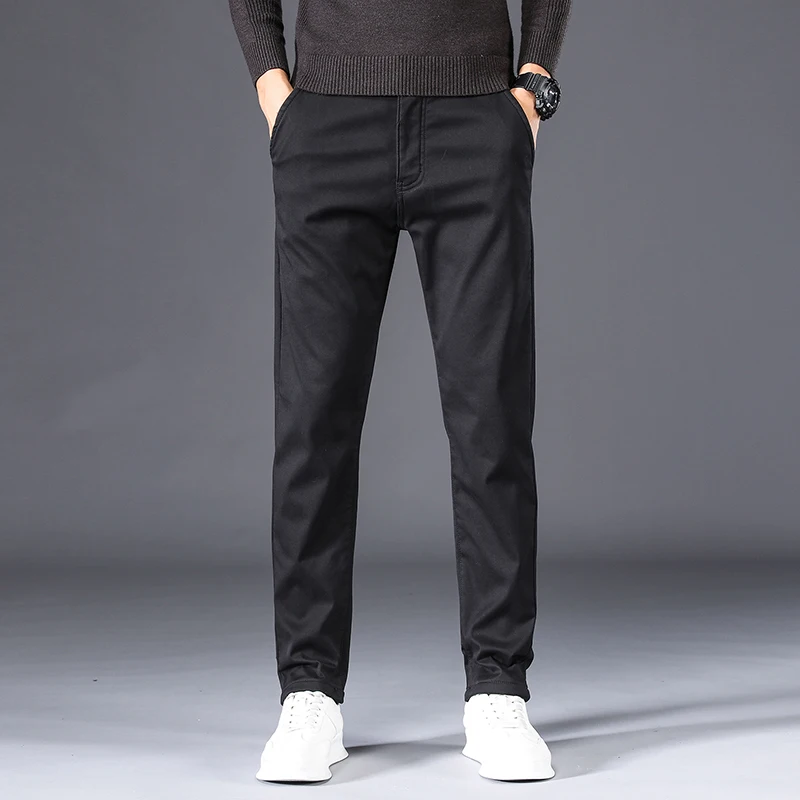 Men Trousers Winter Warm Thick Casual Business Fashion Black Blue Stretch Fleece Office Slim