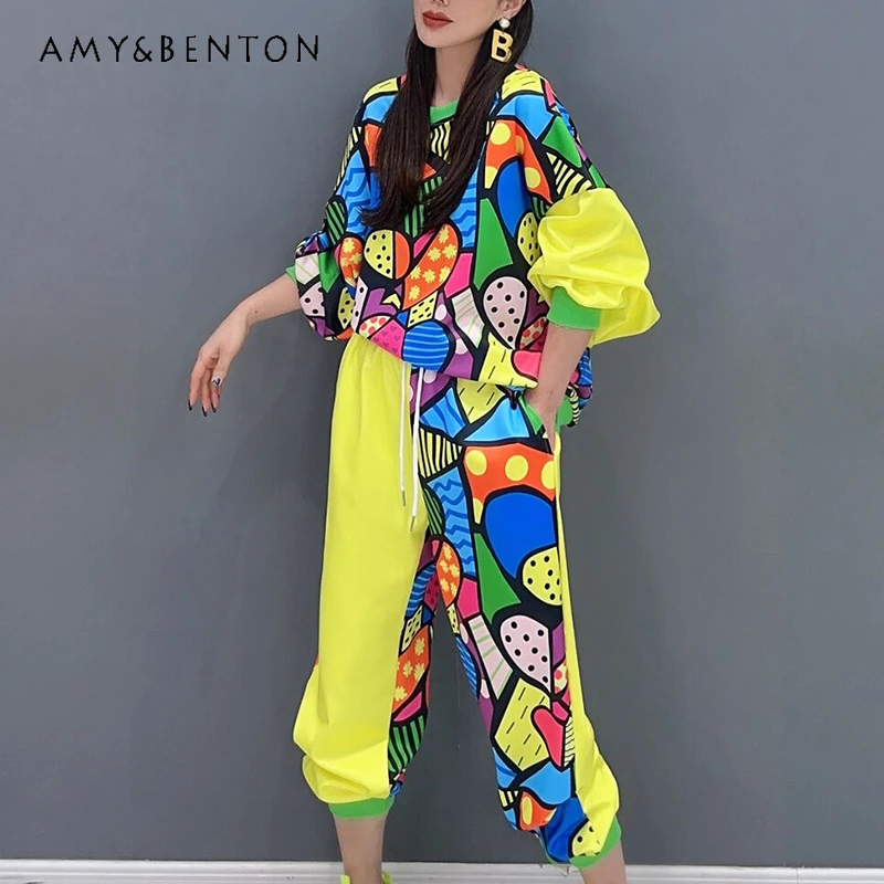 

2024 Spring Autumn New Suit Color Matching Printed Long-Sleeved T-shirt Casual Trousers Two-Piece Set Casual Fashion Loose Women