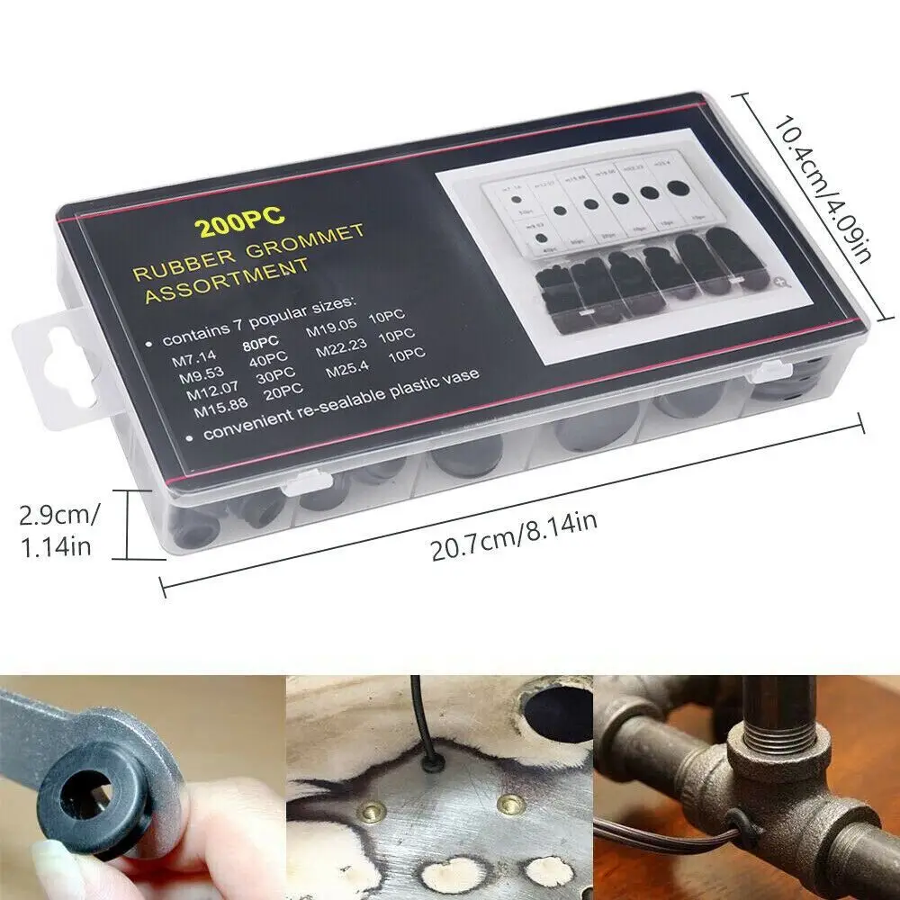 200Pcs Black Grommet Kits NEW 7 Sizes Closed Hole Plugs Firewall Grommet Single sided Rubber Grommets