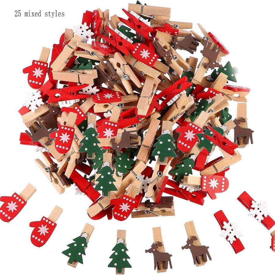 25pcs Mixed Styles Christmas Wood Clips Christmas Tree Photo Clips Elk Gloves Snowflake Clothespins DIY Photo Pegs for  New Year