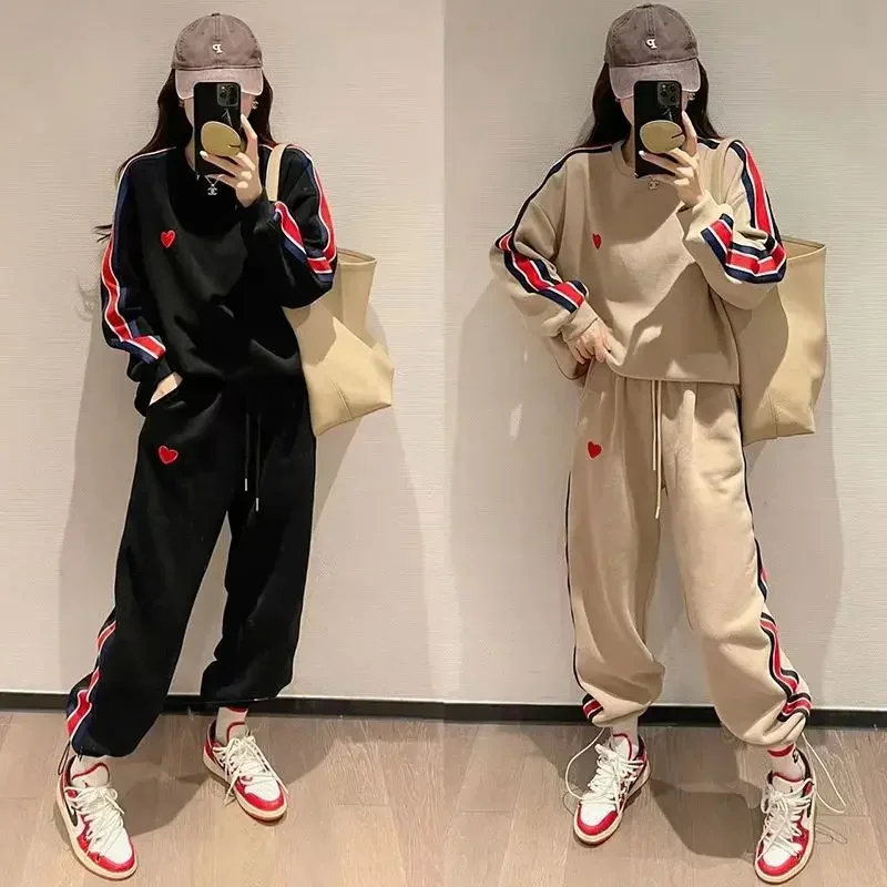 Women Golf Suit 2 Piece Sports Striped Pant Sets Spring Autumn Preppy Style Embroidered Love Loose Korean Fashion Golf Clothing