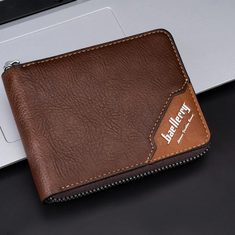

Vintage Men's Wallet Horizontal Short Type Purse Zipper Coin Wallet Solid Color Card Bag Men's Money Clip Card Holder Black Bag