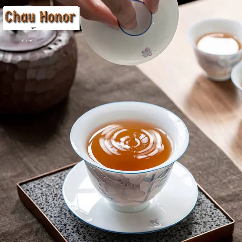 175ml Hand Painted Pile Carving Lily Gaiwan Boutique Tea Tureen Tea Bowl with Lid Kit Tea Brewing Cover Bowl Cafes Ornaments