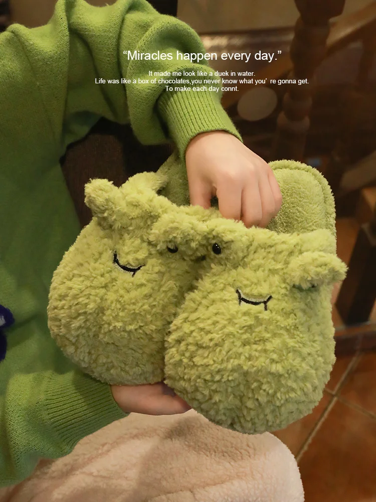 

Cute Frog Plush Slippers Women 2022 Winter Cartoon Home Indoor Thermal Cotton Slippers Couple Animal Home Slippers