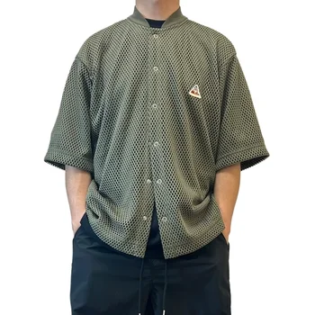 Mesh Short Sleeve Shirt Men Summer Japanese Streetwear Fashion Loose Casual Oversize Cargo Shirts Cityboy Blouses Cardigan 1