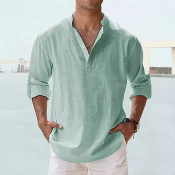 Camicia Estiva da Uomo in Lino a Collo Alto, Manica Lunga, Vestibilità Ampia, Tinta Unita, in Cotone e Lino, Abbigliamento Maschile