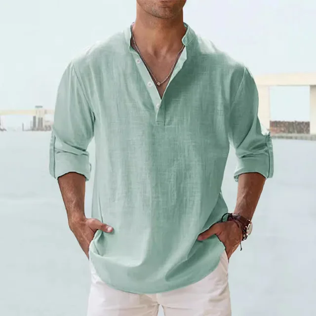 Chemisier d'été en lin pour hommes, col haut, manches longues, maillot de corps ample, couleur unie, chemise en coton et lin, vêtements pour hommes 1