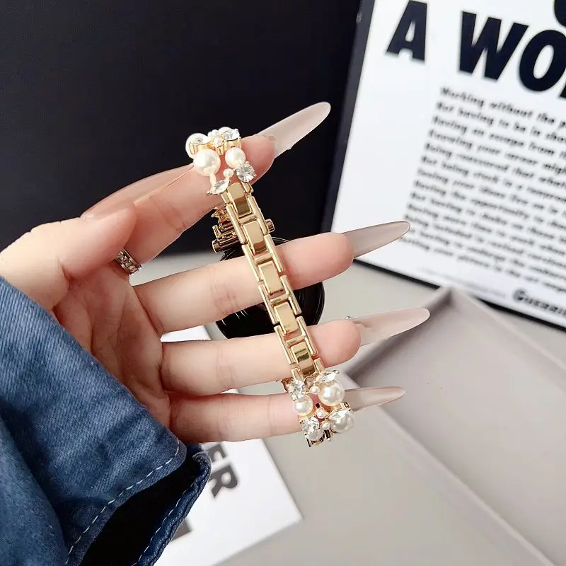 Elegant Pearl Beads Jewelry Bracelet Watch Band with Metal Diamond Accents
