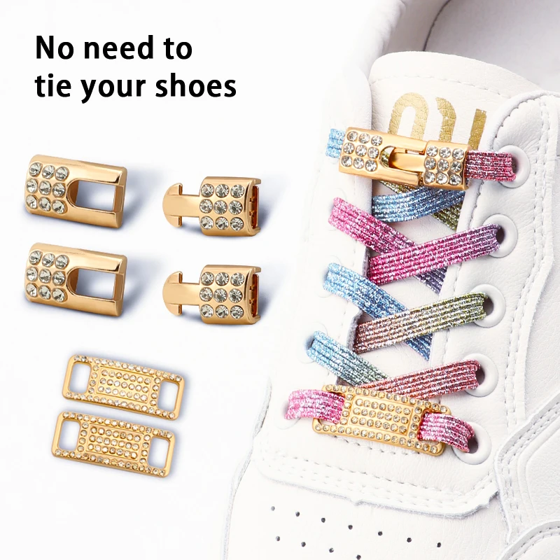 Luxuriöse goldene Diamant-Schnalle, Schnürsenkel ohne Krawatten, glitzernde elastische Schnürsenkel, Sneakers, Tennis, ohne Krawatte, Schnürsenkel, flache Schnürsenkel für Schuhe