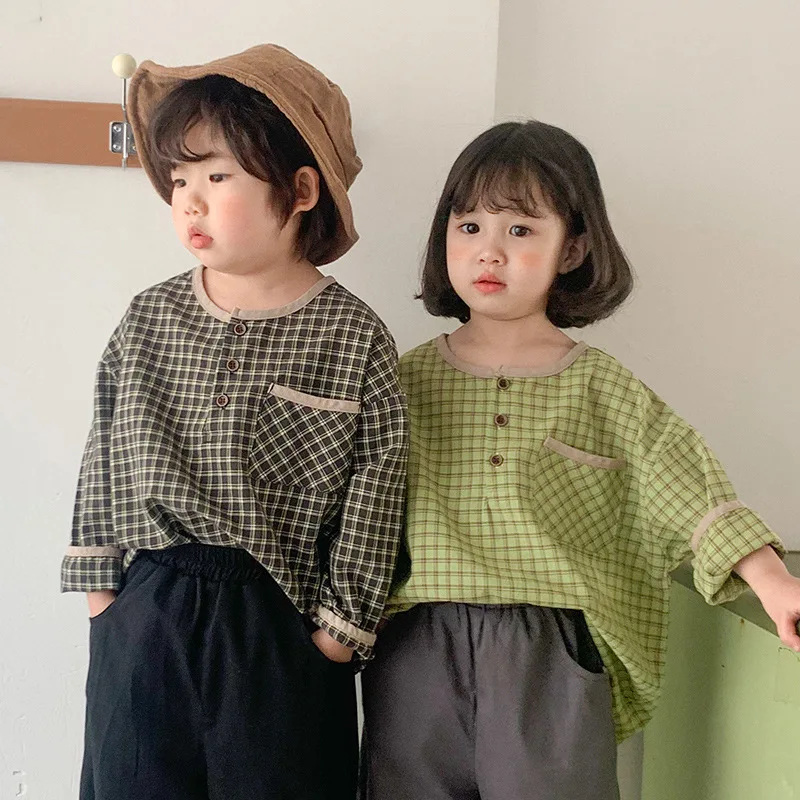 

2023 Autumn New Children Long Sleeve Shirts Cotton Baby Boys Girls Fashion Plaid Pullover Tops Kids Casual Versatile Jacket