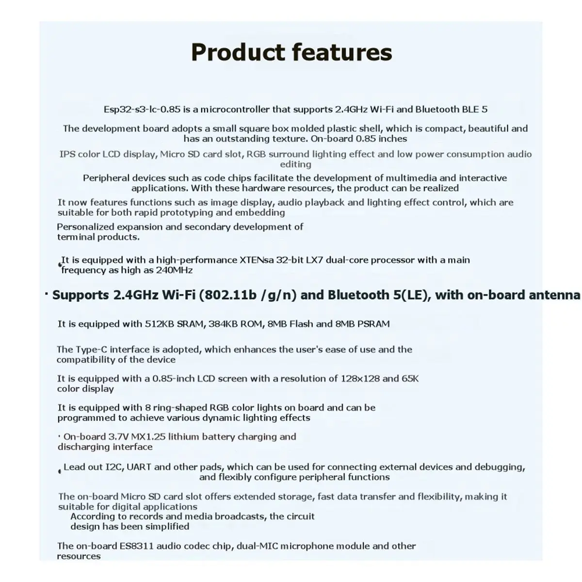 A10R ESP32-S3 0.85인치 LCD 디스플레이 개발 보드 128x128 해상도 온보드 듀얼 마이크 어레이 및 서라운드 RGB LED B