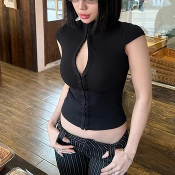 American retro y2k Millennium Spice Girl design sense button slim sexy original perennial solid color top summer new top female 1