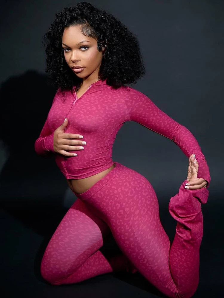 Nibber Sporty Leopard Print 2 Piece Set Woman Full Sleeve Zip Cardigan Hooded Crop Tops+Skinny Long Pants Street Fashion Outfits