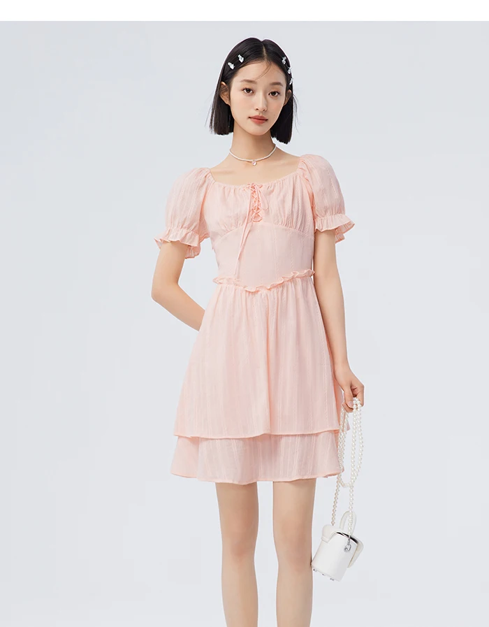 Vestido de mujer con diseño de orillo fibroso, nuevo vestido de verano retro de cuello cuadrado estilo palacio, vestido corto