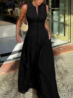 UOOZEE Office Lady Commute Pleated A-line Dress 2025 New Summer Fashion Solid Color Sleeveless Zipper Evening Maxi Dresses - Image 6