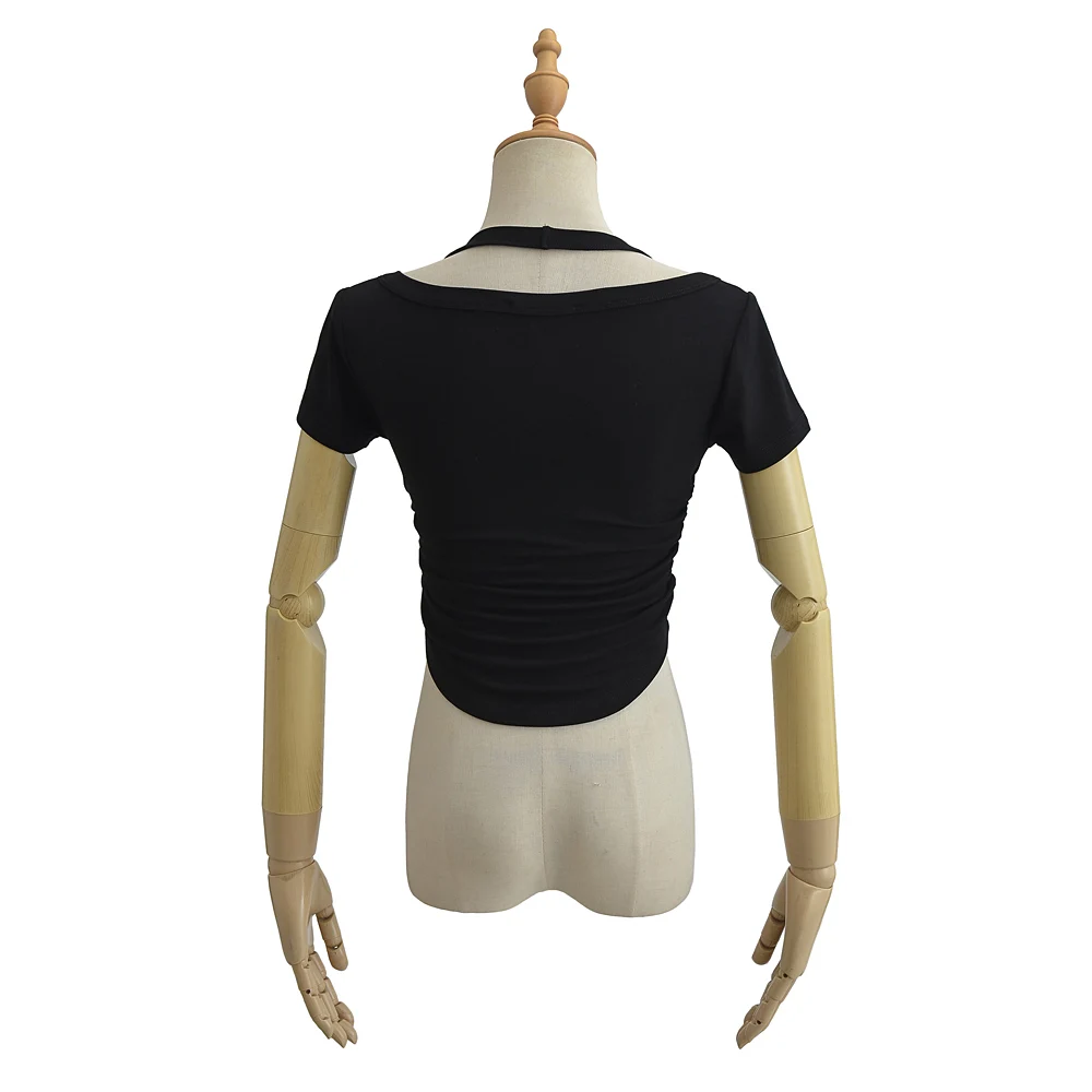 Women Short Sleeve Cropped Cotton T-shirt With Halter Collar And Side Folds Detail