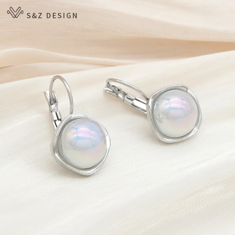 S&Z DESIGN New Trendy Luxury Round Crystal Simulated-pearl Dangle Earrings For Women Elegant 585 Rose Gold Color Jewelry
