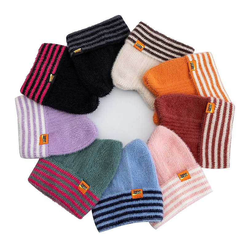 New Cat Ear Y2K Beanie Hat Sweet Label Winter Hats For Women Candy Colors Stripes Soft Warm Cap