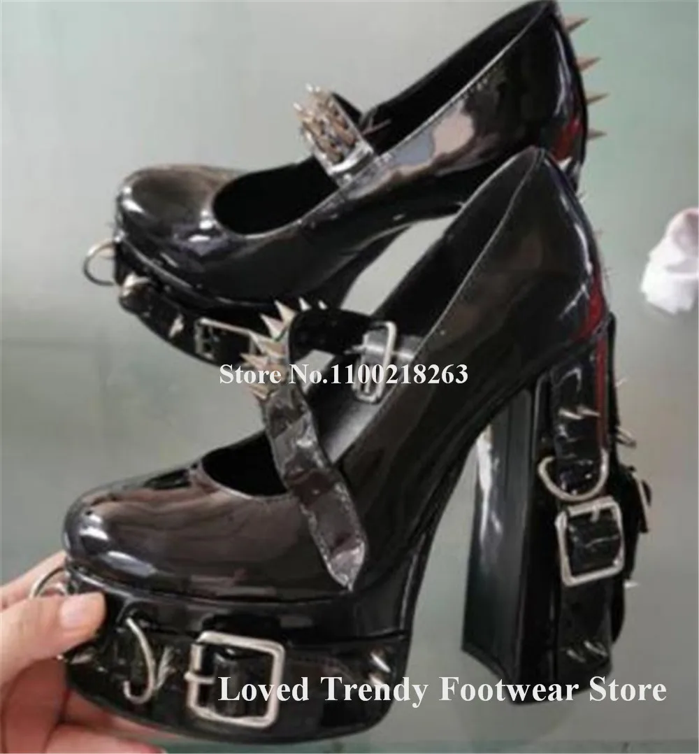 

Sexy Metal Buckles Decorated Rivets Chunky Heel Pumps Round Toe Pink Black Patent Leather High Platform Thick Heel Dress Shoes