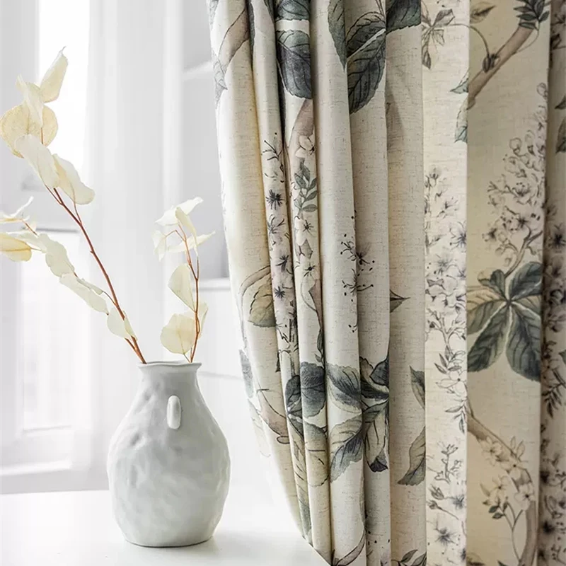 

American Pastoral Retro Cotton Linen Leaf Bedroom Blackout Printing Curtians For Living Room Balcony Window Drapes Voile Fabric