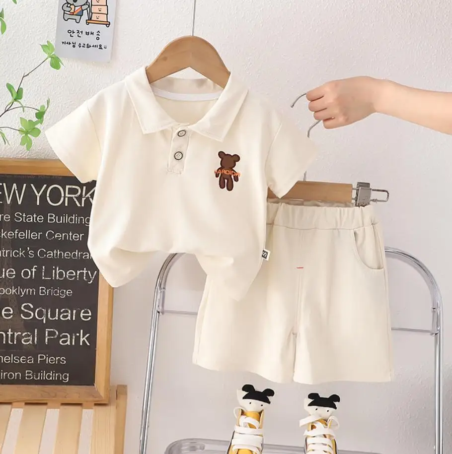 

2023 Summer Fashion Baby Clothes Set Boy Girl Cartoon Bear Lapels Short Sleeves T-shirts and Shorts Two Piece Outfits For Kids