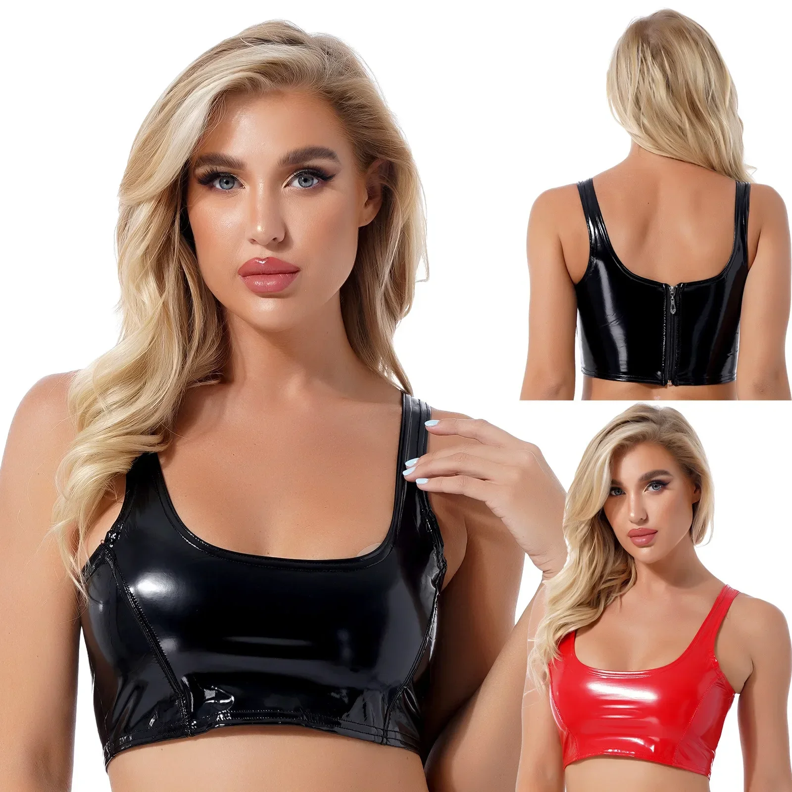 Women Latex Corset Tank Tops Wetlook Patent Leather Push Up Bra Top Camisole Pole Dance Costumes Night Clubwear Sexy Cropped Top