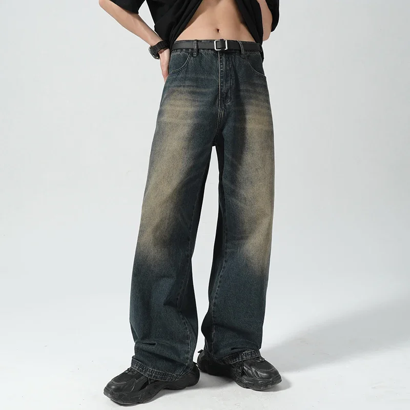 American Retro distressed jeans men\'s high street straight loose washed wide-leg denim trousers male streetwear