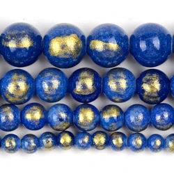 White Red Gold Plated Jade Round Natural Stone Beads for Jewelry Making and DIY Accessories (Blue)