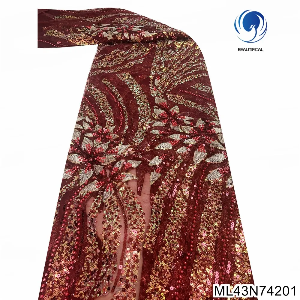 

Newest Bridal Fashion African Sequins Lace with French Heavy Beaded Lace Fabric 2023 High Quality for Party Dress ML43N742