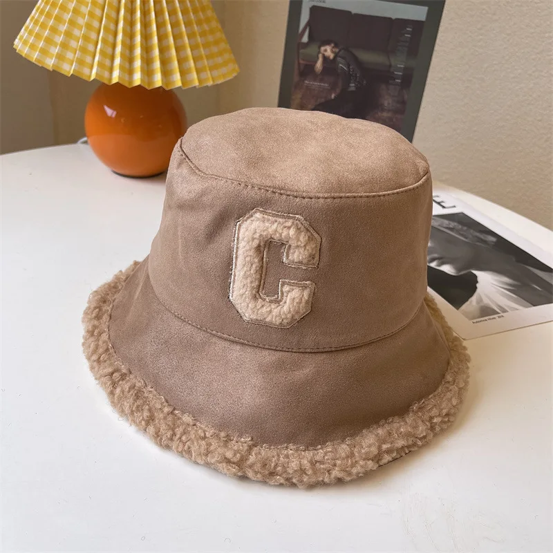 

X522 Letter Suede Cover Basin Hat Men's Hat Children's Winter Lamb Hair Thickened Warm Fisherman's Hat Warm Bucket Hat