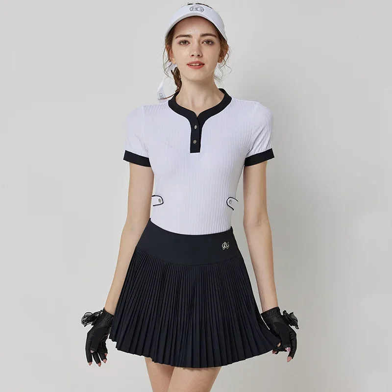 Blktee Woman Patchwork Short Sleeve Shirt Slim Fast Dry Golf T-shirt Anti-light Pleated Skirt High Waist Elegant Casual Skort