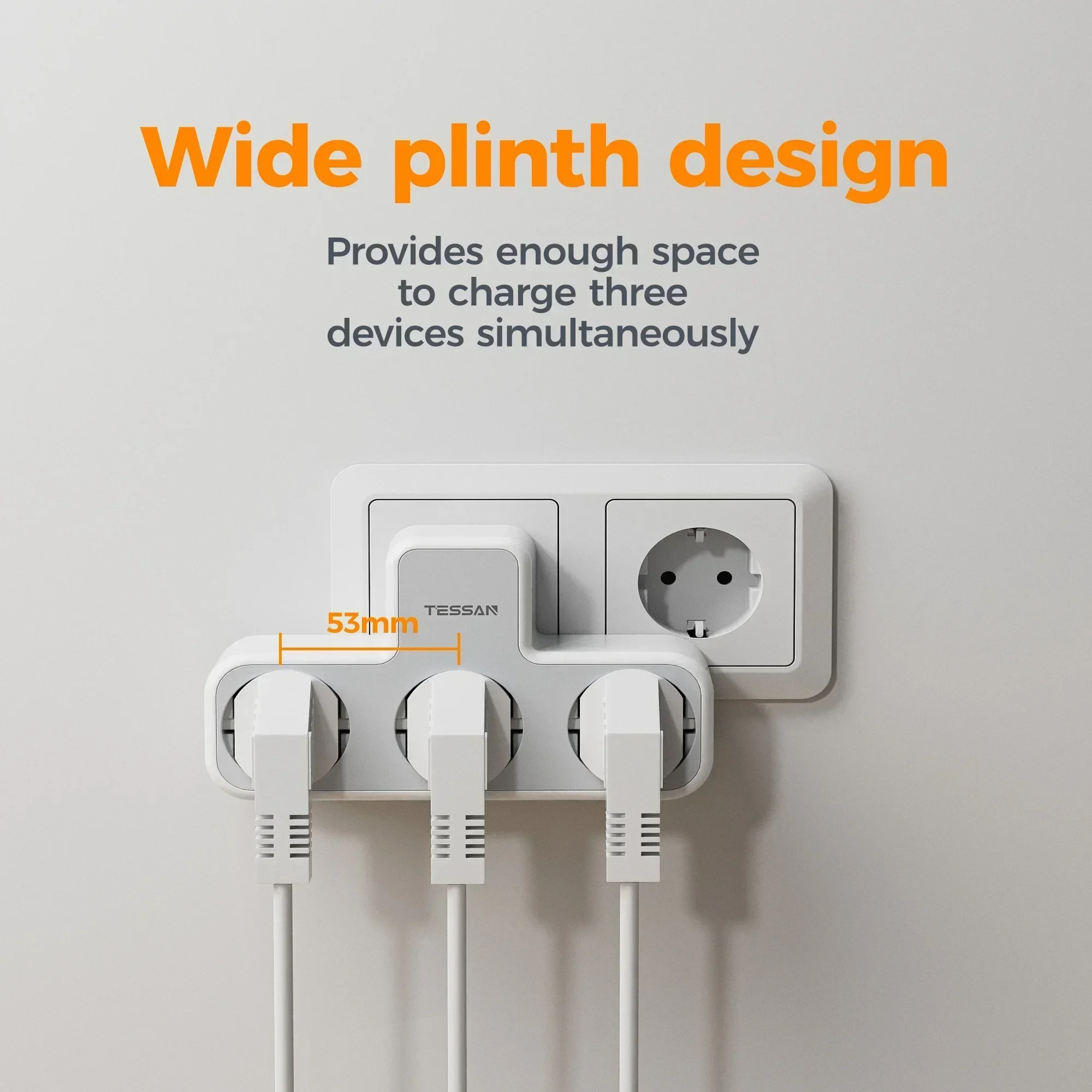 Multiple Wall Power Strip 3 AC Outlets Charging Ports EU Plug Overload Protection