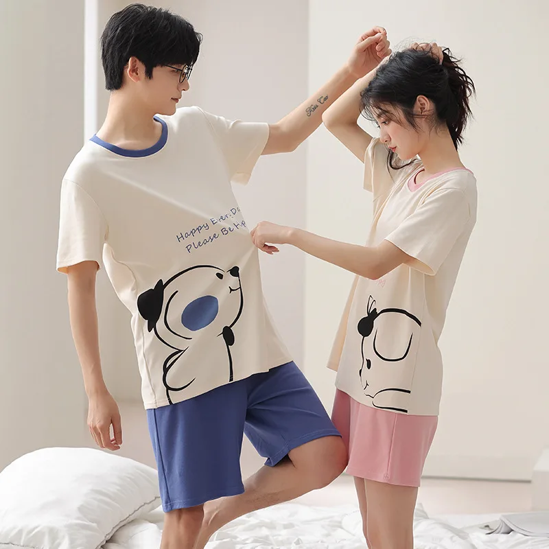 New Summer Cotton Short Sleeve Women Pajamas Set Couple Pijamas Lover Round Neck Short Pants Sleepwear Men Home Clothes Dropship